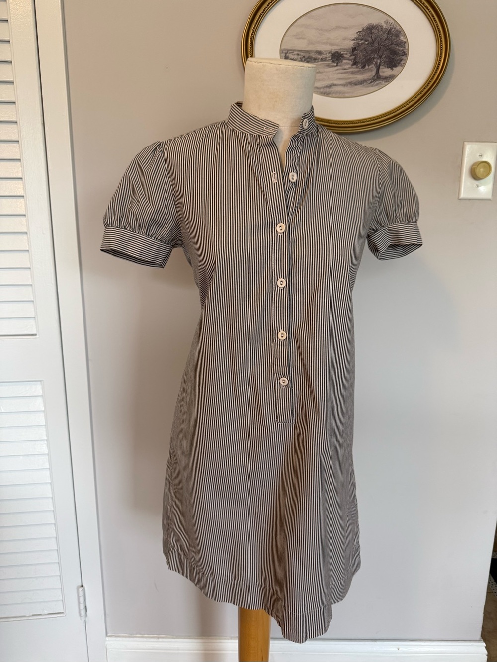 Nili Lotan Striped Short Puff Sleeve Cotton Shirtdress Mandarin Collar XS